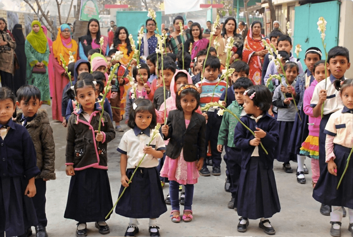 Elementary school children and teachers